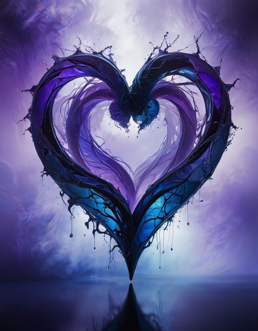A mystical heart made of fractured glass, with swirling fog of deep blues and purples enveloping it, symbolizing despair and emotion. Ethereal light emanating from within the heart, casting delicate shadows. Subtle hints of abstract data streams flowing around, like feelings intertwining with mysticism. The background should evoke a dreamlike atmosphere with soft gradients. surrealistic. vibrant colors. ethereal glow.