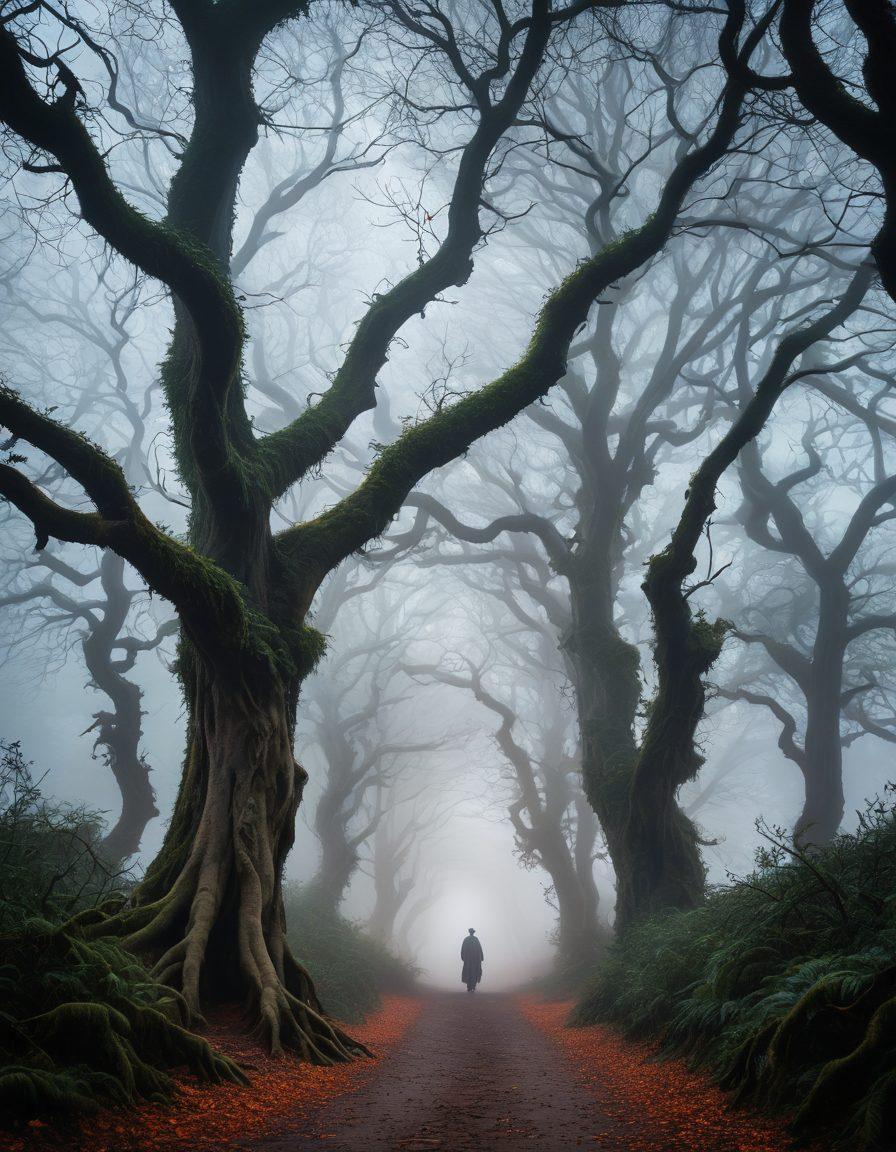 A mystical forest shrouded in soft, ethereal fog, where shadowy figures of sorrow intertwine with glowing orbs of insight. Ancient, twisted trees loom overhead, their branches forming intricate patterns against a twilight sky. A winding path leads through the gloom, illuminated by gentle light, symbolizing the journey of navigating through sorrow to find clarity. Dreamlike and enchanting atmosphere filled with contrasting dark and light elements. surrealistic. vibrant colors. enchanting.