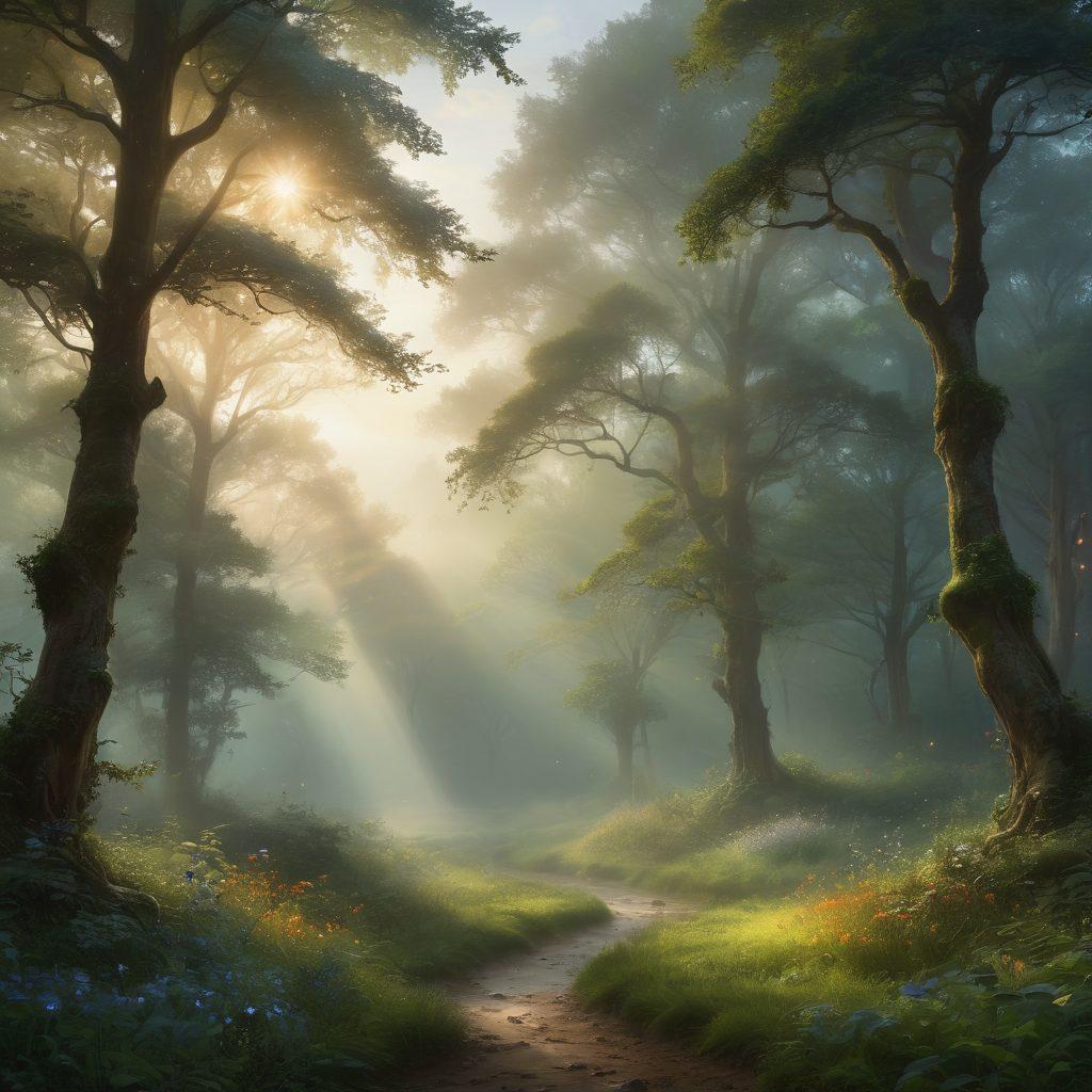 A serene landscape transitioning from dark shadows on one side to bright, radiant light on the other, symbolizing the journey from melancholy to enlightenment. Ethereal mist swirling around wispy trees, with light breaking through clouds illuminating hidden details in the foreground, embodying a mystical feel. Include subtle symbols of insight like sparkling stars or glowing orbs. enchanting atmosphere. vibrant colors. impressionistic style.